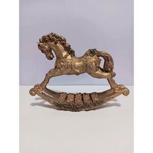 Rocking Horse Hard Plastic Gold Tone Christmas Country Farmhouse Decor 9"×6"